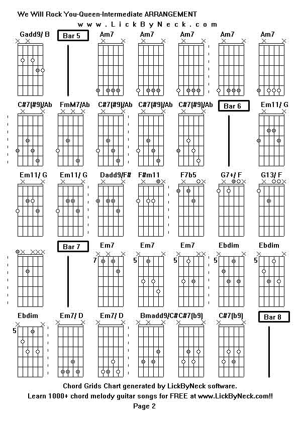 Chord Grids Chart of chord melody fingerstyle guitar song-We Will Rock You-Queen-Intermediate ARRANGEMENT,generated by LickByNeck software.